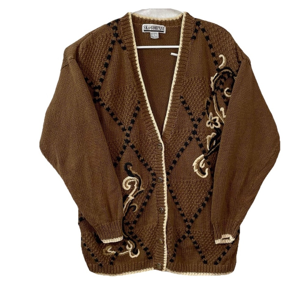SK & Company Sweater Women L Brown Black Patterned V-Neck Cardigan BOHO Academia